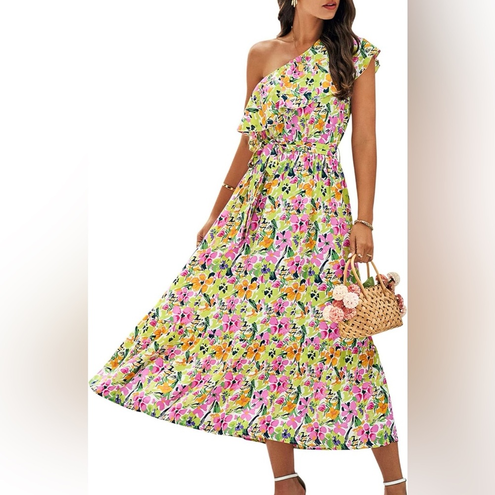 Women’s One-Shoulder Floral Midi Dress in Pink & Yellow / Medium